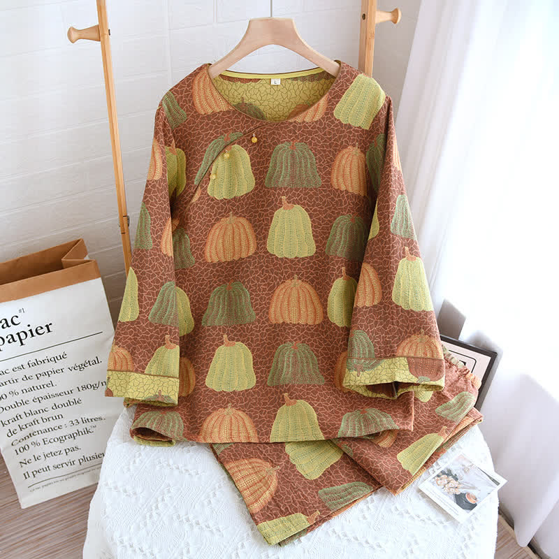 Pure Cotton Pastoral Pumpkin Pajama Set  - Nightwear Set - Brown & Green - XL - image 9