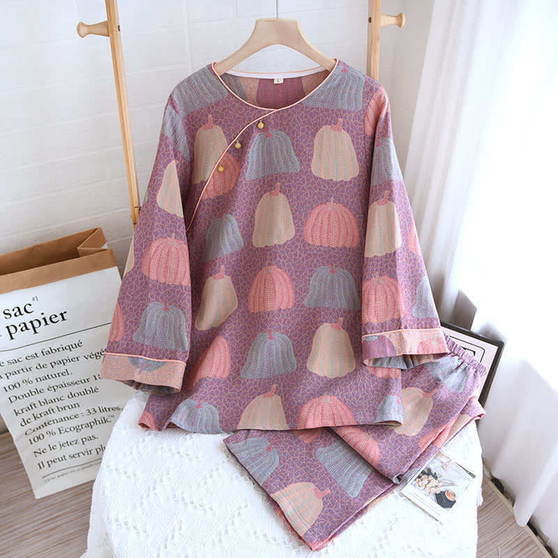 Pure Cotton Pastoral Pumpkin Pajama Set  - Nightwear Set - Purple - XL - image 1