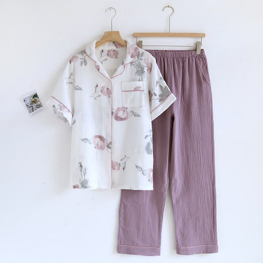 Rose Short Sleeve Summer Loungewear Set - White & Pink - XL - image 0