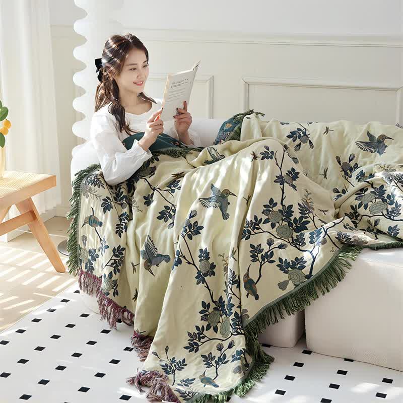 Bird & Flower Cotton Gauze Reversible Quilt - Dark Green & Beige - Queen - image 0