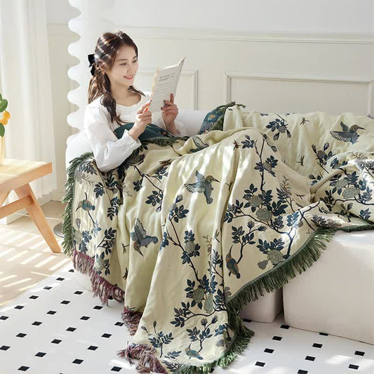 Bird & Flower Cotton Gauze Reversible Quilt - Dark Green & Beige - Queen - image 0