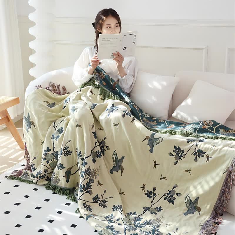 Bird & Flower Cotton Gauze Reversible Quilt - image 5