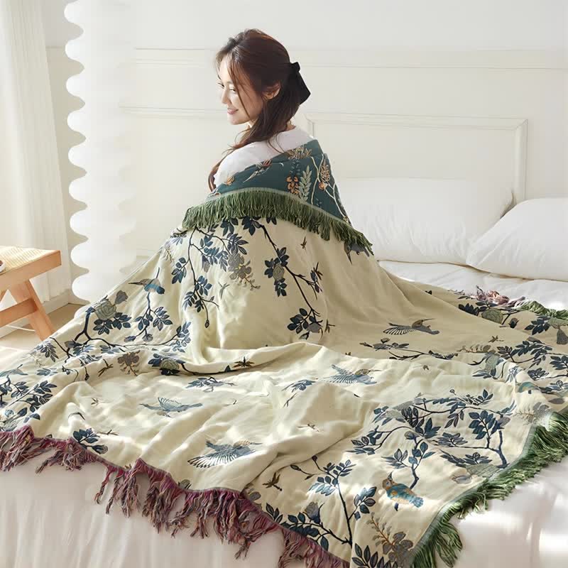 Bird & Flower Cotton Gauze Reversible Quilt - image 4
