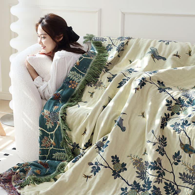 Bird & Flower Cotton Gauze Reversible Quilt - image 1