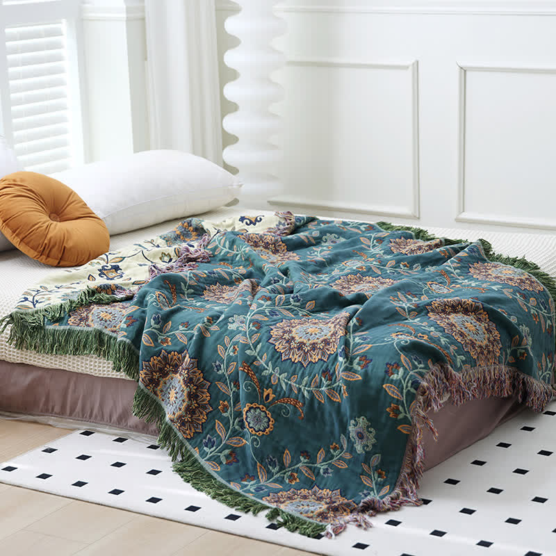 Cotton Gauze Floral Reversible Tassel Quilt - image 2