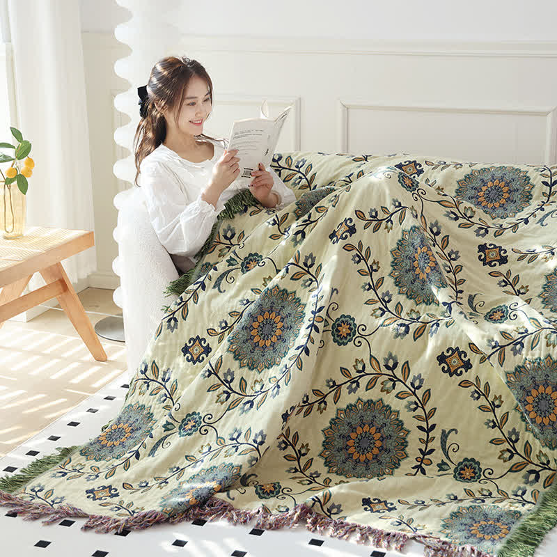 Cotton Gauze Floral Reversible Tassel Quilt - image 1