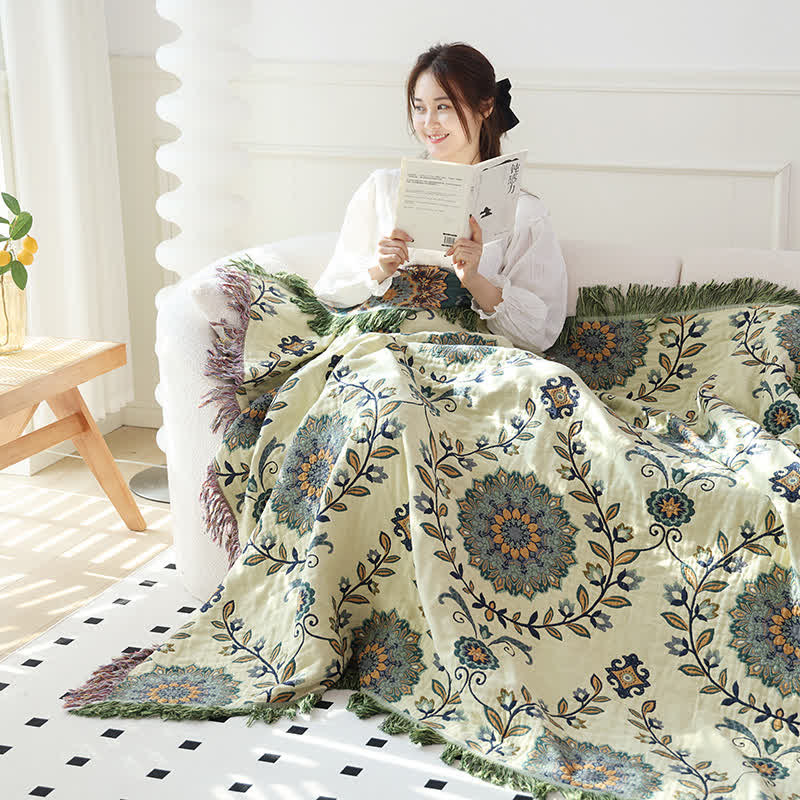 Cotton Gauze Floral Reversible Tassel Quilt - image 3