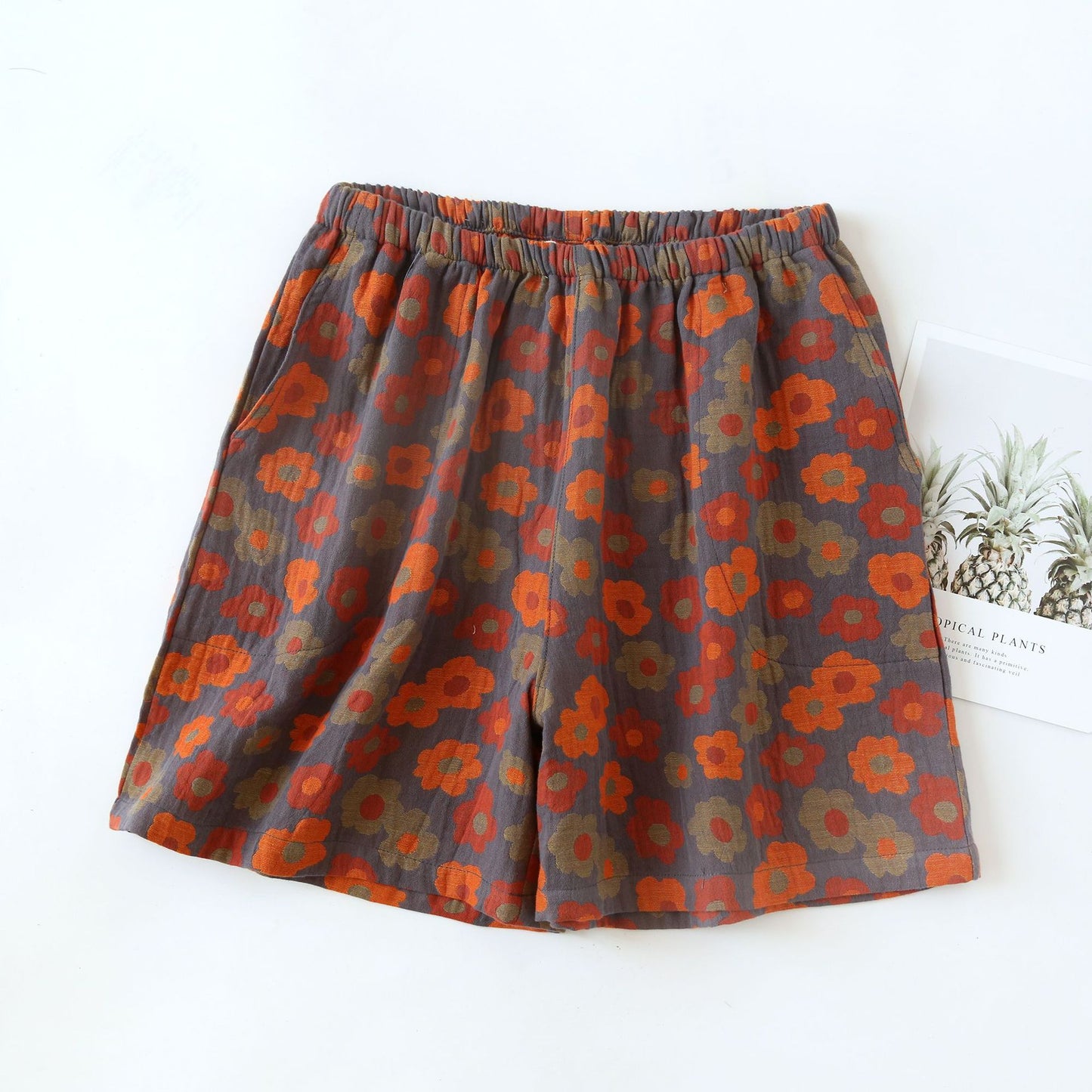 Floral Cotton Gauze Soft Pajama Shorts - Gray & Orange - XL - image 0