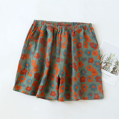 Floral Cotton Gauze Soft Pajama Shorts - Green & Orange - XL - image 5