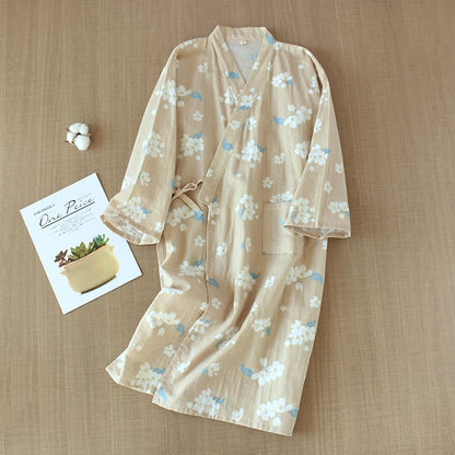 Cotton Gauze V-neck Floral Pajama Set - Nightgown - Khaki - L - image 10