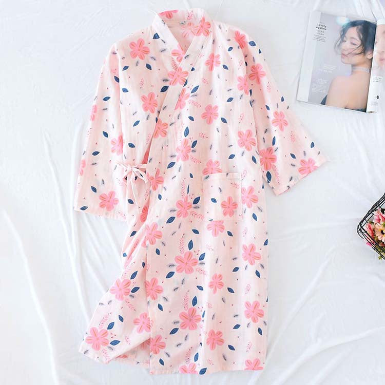 Floral Double Layer Cotton Gauze Nightdress - Pink - L - image 2