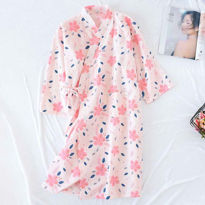 Floral Double Layer Cotton Gauze Nightdress - Pink - L - image 2
