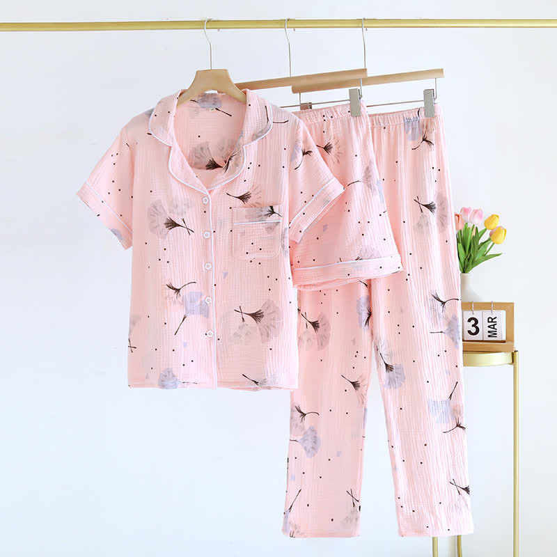 Ginkgo Leaf Cotton Gauze Pajama Set(3PCS) - Pink - XL - image 1