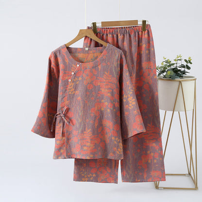 Cotton Gauze Vintage Retro Loungewear Set - Dark Purple - XL - image 6