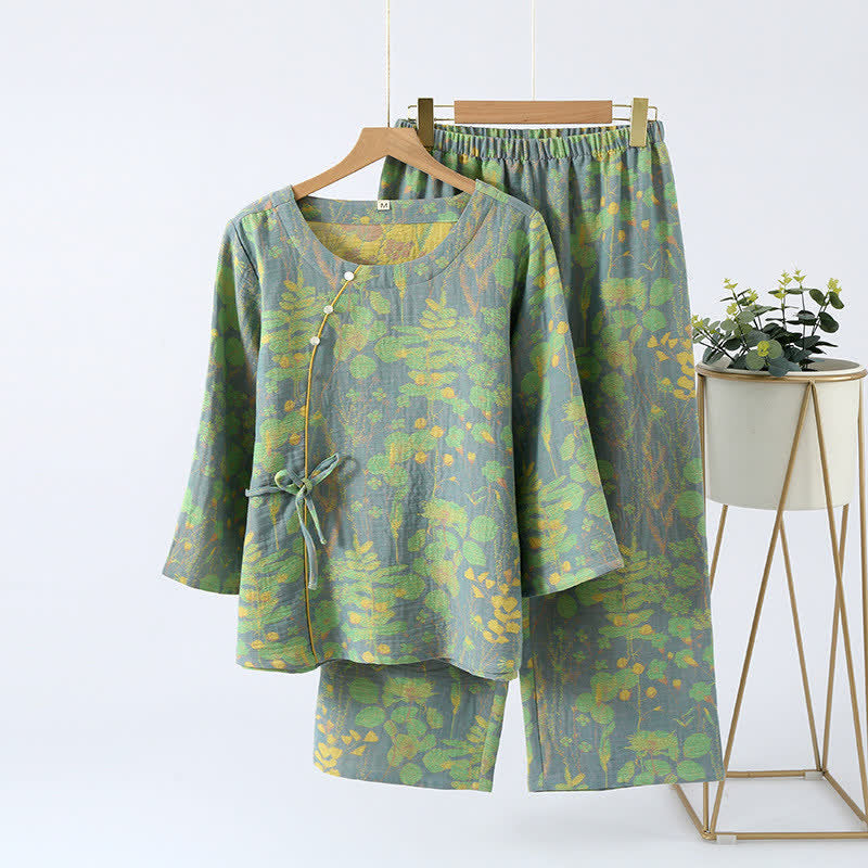 Cotton Gauze Vintage Retro Loungewear Set - Green - XL - image 1