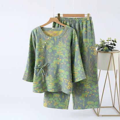 Cotton Gauze Vintage Retro Loungewear Set - Green - XL - image 1