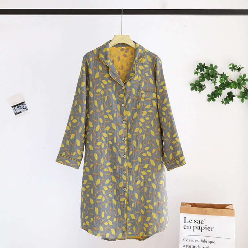Leaf Tuxedo Button Cotton Nightdress - Leaf Pattern - Gray & Yellow - XL - image 3