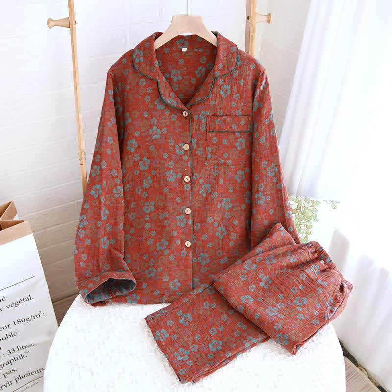 Floral Double Layer Gauze Pajama Set - Brick Red - XXL - image 0