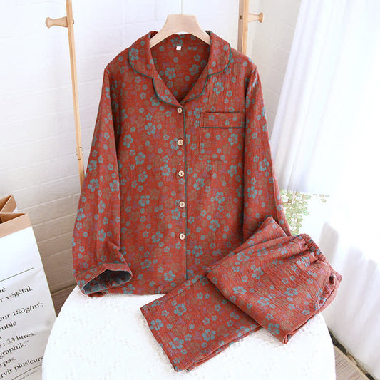 Floral Double Layer Gauze Pajama Set - Brick Red - XXL - image 0