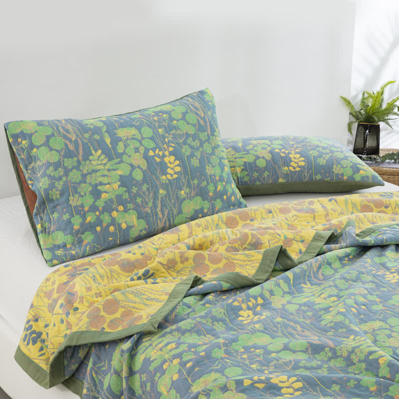 Pastoral Three Layers Cotton Gauze Elegant Quilt - 2pcs Pillowcases - Green & Yellow - 48cm × 74cm - image 3