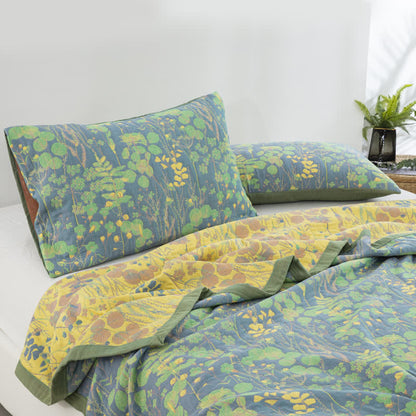 Pastoral Three Layers Cotton Gauze Elegant Quilt - 2pcs Pillowcases - Green & Yellow - 48cm × 74cm - image 3