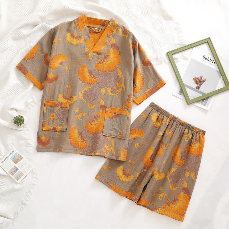 Cotton Gauze V-neck Retro Summer Pajama Set - XL - image 0