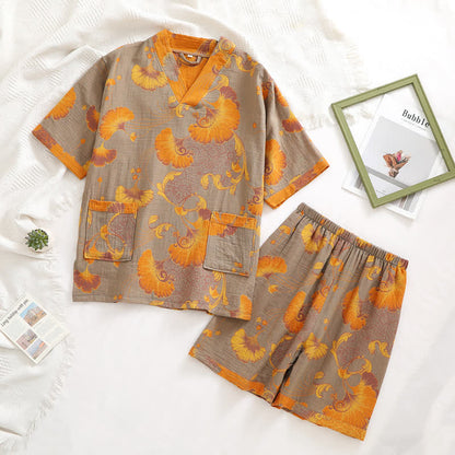 Cotton Gauze V-neck Retro Summer Pajama Set - XL - image 0