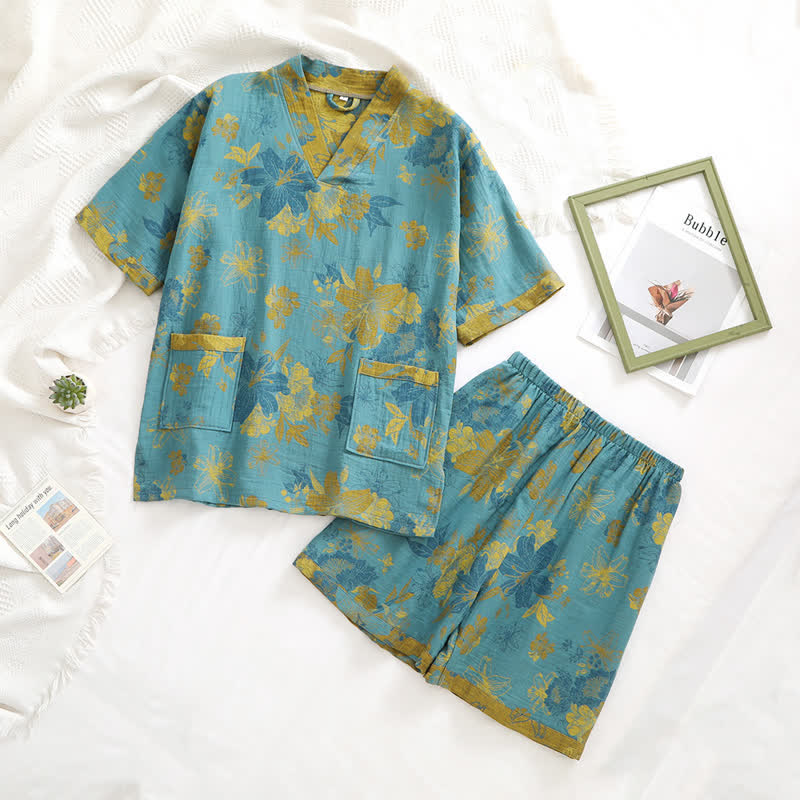 Cotton Gauze V-neck Short Sleeves Pajama Set - image 1