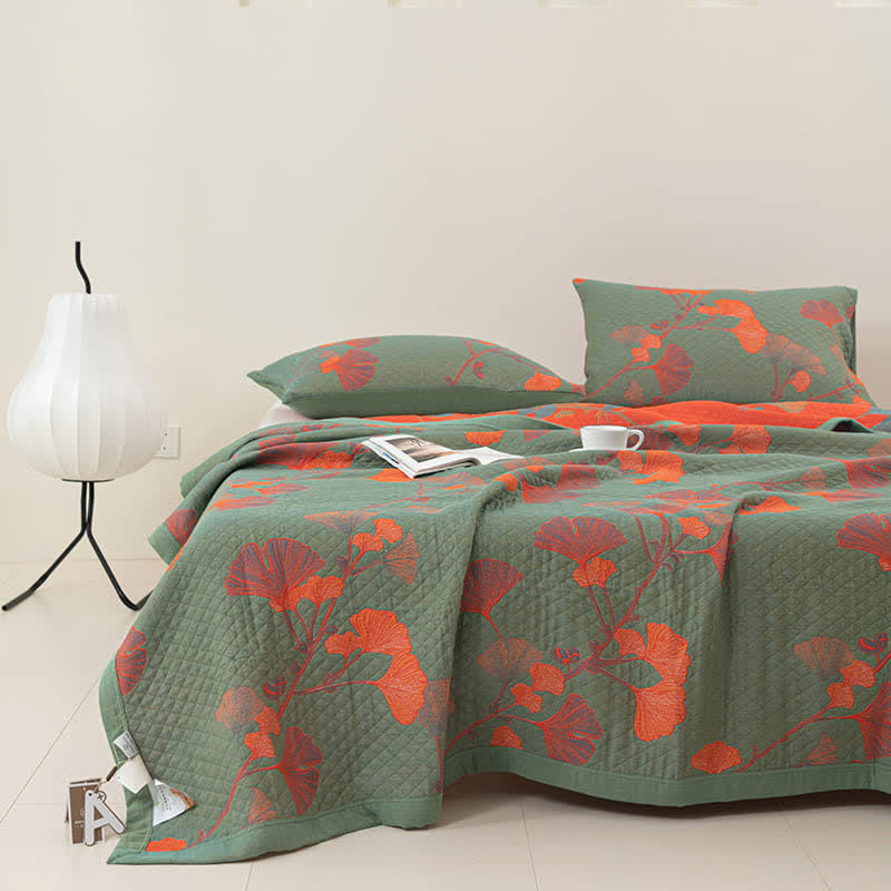 Orange Ginkgo Leaf Cotton Reversible Quilt - Green & Orange - Quilt - King - image 0