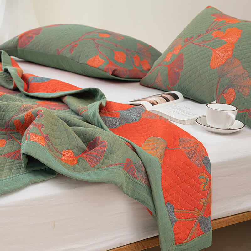 Orange Ginkgo Leaf Cotton Reversible Quilt - image 6