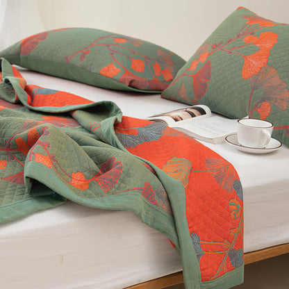 Orange Ginkgo Leaf Cotton Reversible Quilt - image 6