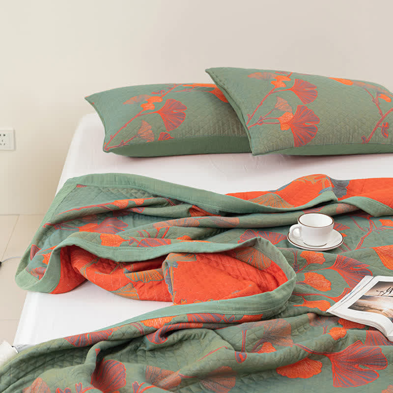 Orange Ginkgo Leaf Cotton Reversible Quilt - image 8