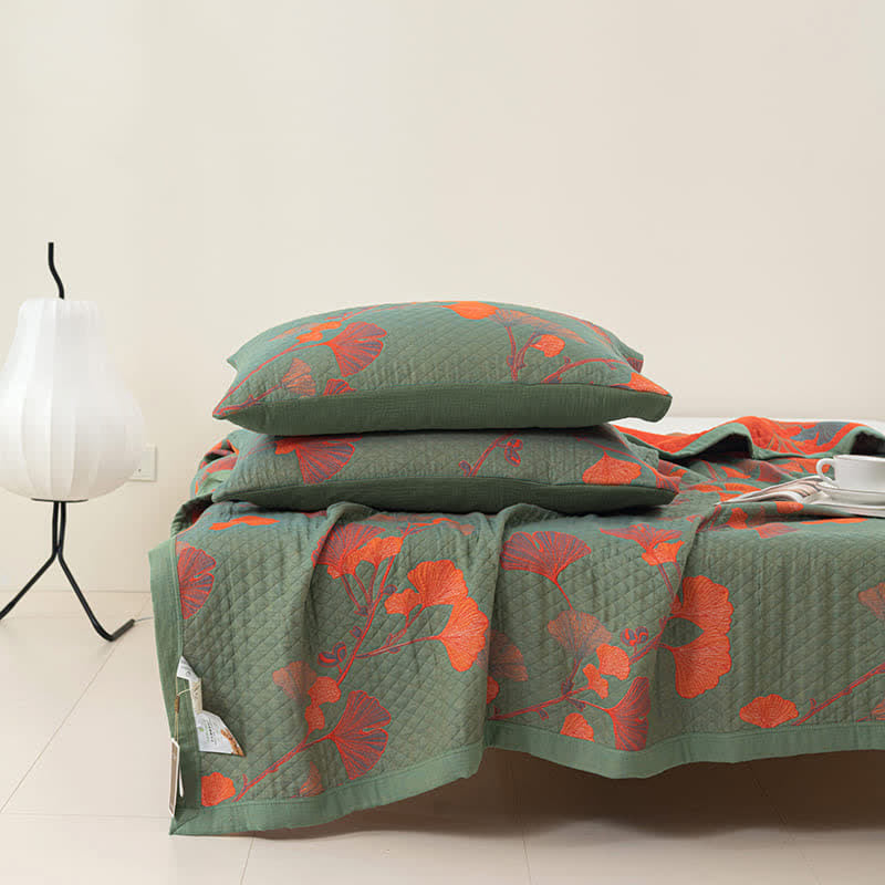 Orange Ginkgo Leaf Cotton Reversible Quilt - Green & Orange - 2PCS Pillowcases - 19" x 29" - image 4