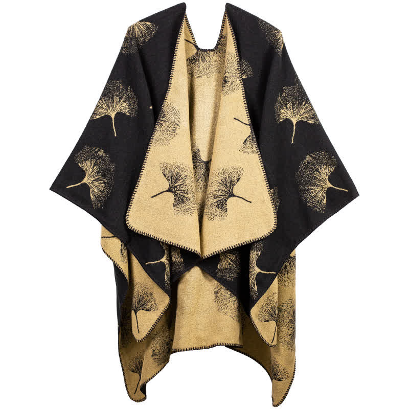 Luxurious Ginkgo Leaf Travel Shawl Cape - Black & Camel - 51" x 59" - image 0