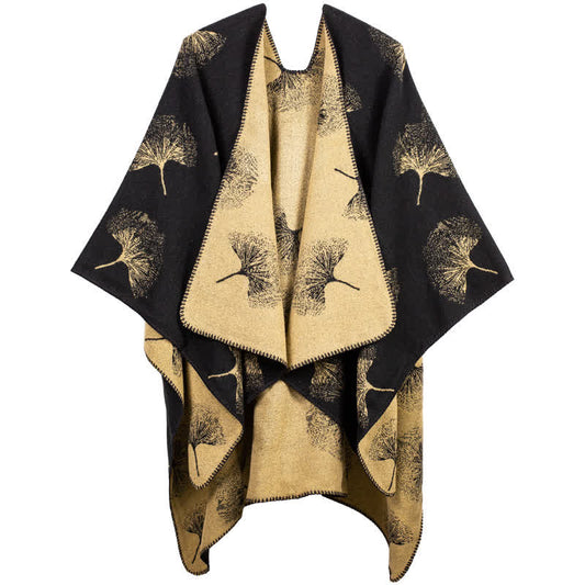 Luxurious Ginkgo Leaf Travel Shawl Cape - Black & Camel - 51" x 59" - image 0