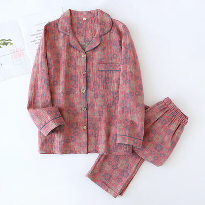 Double Layer Gauze Yarn-dyed Cotton Nightwear Set - Dark Pink - XXL - image 3