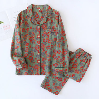 Double Layer Gauze Yarn-dyed Cotton Nightwear Set - Green - XXL - image 4