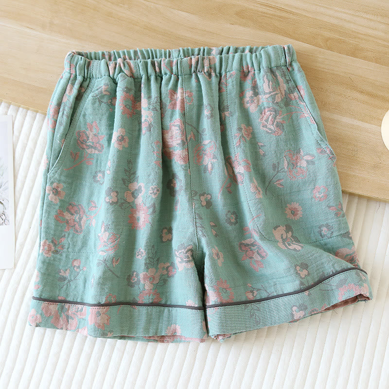 Jacquard Floral Cotton Gauze Summer Pajama Shorts - Green - XL - image 0