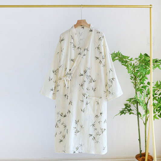 Pure Cotton Bamboo Print Comfy Bathrobe - Beige - L - image 0