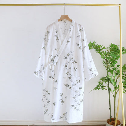 Pure Cotton Bamboo Print Comfy Bathrobe - White - L - image 7