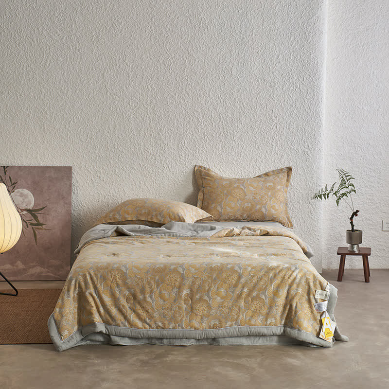 Neutral Floral Cotton Gauze Bedding Collection - Bedding Set - Yellow & Gray - King - image 1
