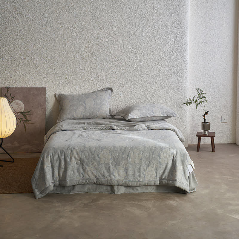 Neutral Floral Cotton Gauze Bedding Collection - Bedding Set - Gray - King - image 5