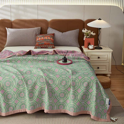 Boho Mandala Cotton Gauze Reversible Quilt - Green & Pink - 2PCS Pillow Towels - 21" × 31" - image 0