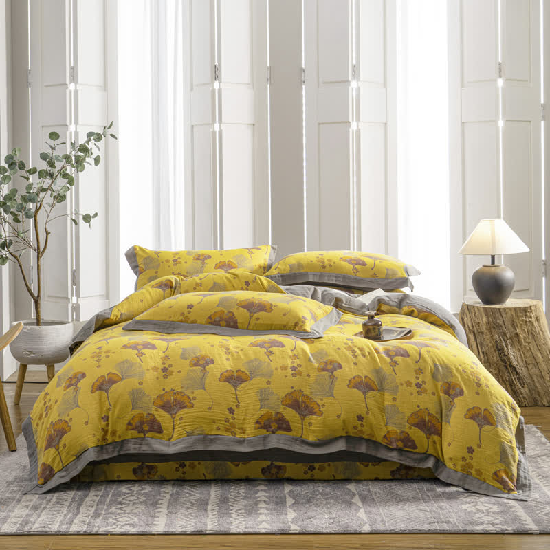 Vintage Ginkgo Leaf Cotton Gauze Bedding Set (4PCS) - King - image 1