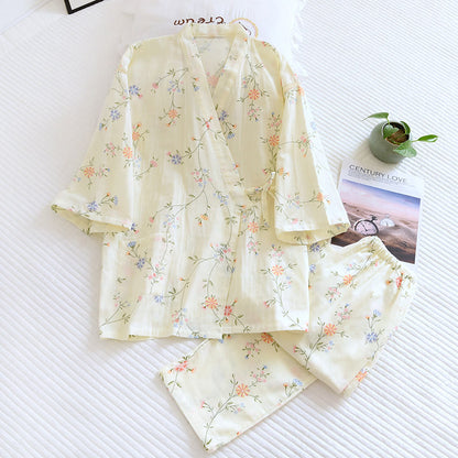 Flower Cotton Gauze Kimono Pajama Set - XL - image 0