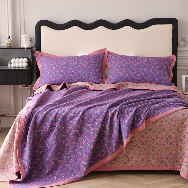 Organic Pure Cotton Reversible Floral Quilt - Purple - 2pcs Pillowcases - 19" x 31" - image 0