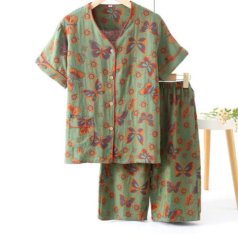 Butterfly Cotton Cropped Pants Loungewear Set - Green - XL - image 0