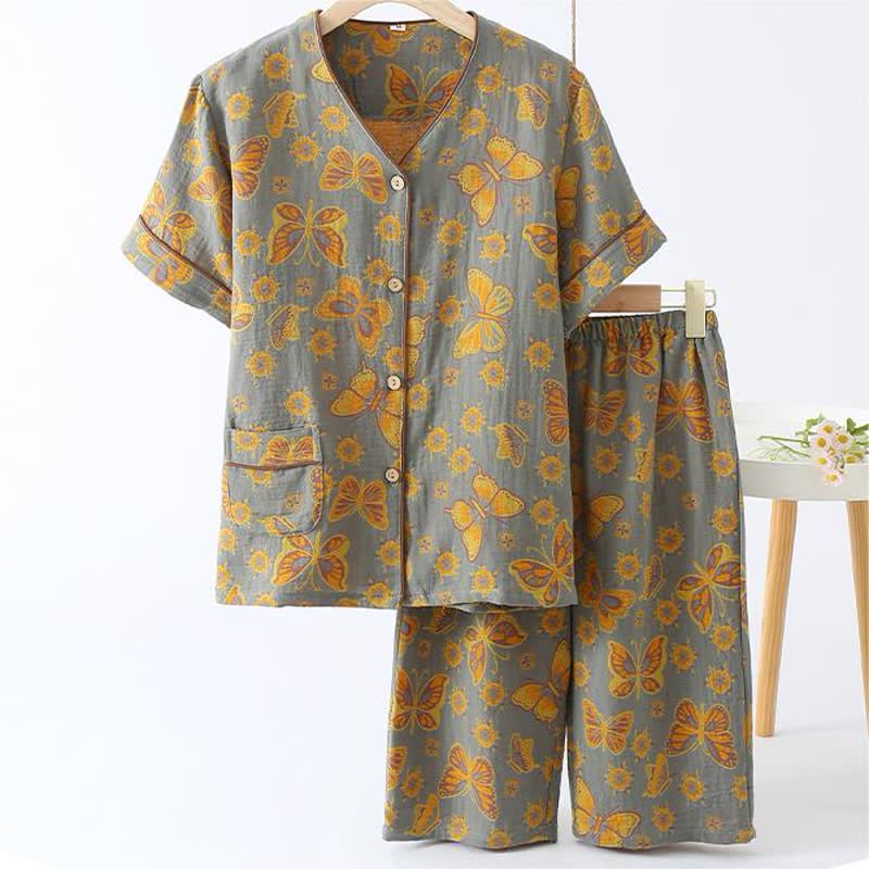 Butterfly Cotton Cropped Pants Loungewear Set - Gray - XL - image 3