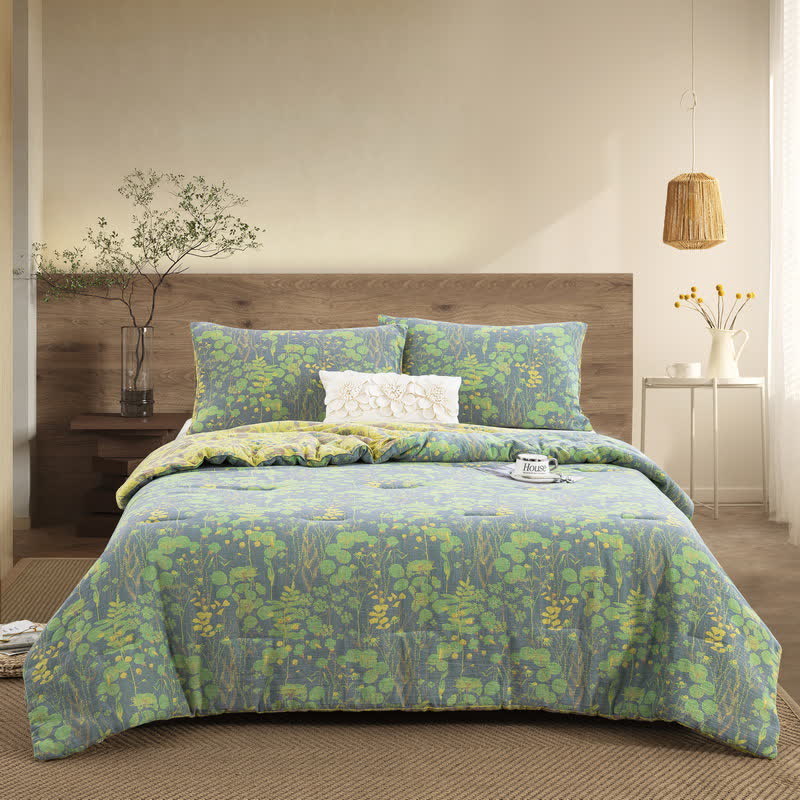 Cotton Gauze Pastoral Lotus Pond Bedding  - Quilt with 2pcs Pillowcases - King - image 0