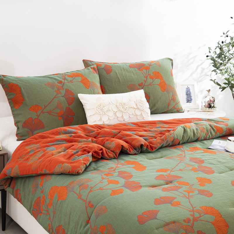 Rustic Ginkgo Leaf Cotton Gauze Bedding  - 2pcs Pillowcases - Green & Orange - 20" x 36" - image 3